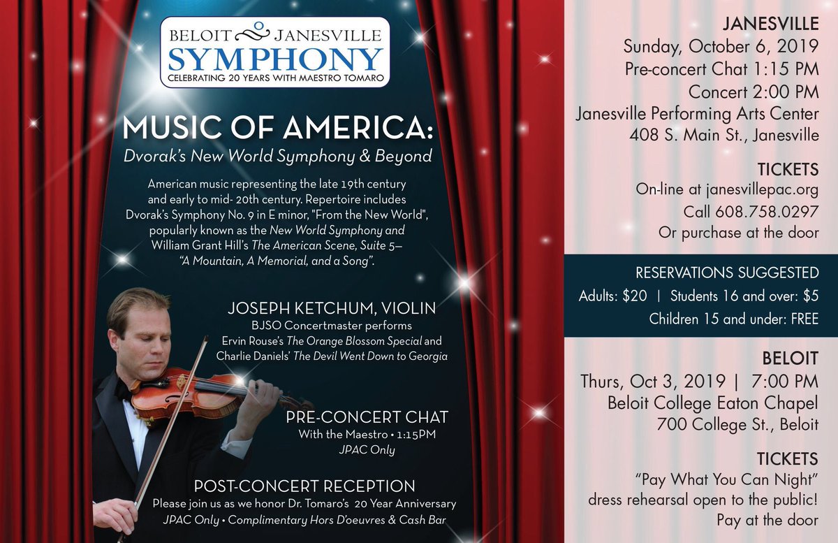 bjso_wi's tweet photo. #Concert announcement! Oct 6, Music of America: Dvorak’s New World Symphony &amp; Beyond! https://t.co/uSN6EeDud8
.
#bjso #beloitjanesvillesymphony #beloitjanesvillesymphonyorchestra #dvorak #beloit #janesville #charliedaniels #ervinrouse #orangeblossomspecial #williamgrantstill https://t.co/JSAgBpEaPf