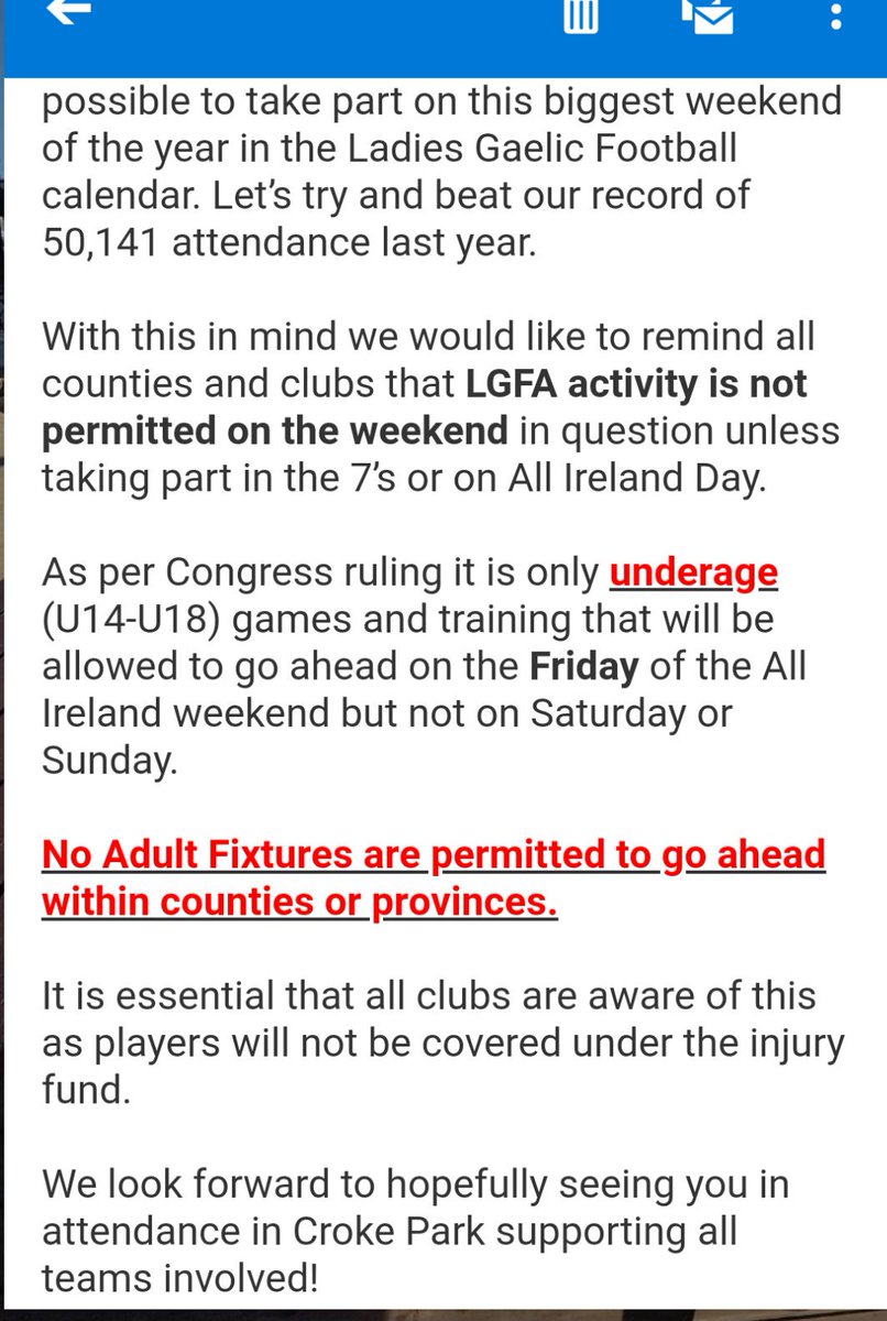 killeevan's tweet photo. @jacquihurley @Joanne_Cantwell @EvanneNiC @SatSportRTE Can anyone explain why all LGFA club activity is banned on All Ireland weekend....we can't even train!! Logic behind it?? Love to hear this discussed. Causing so much hassle for club fixtures. https://t.co/iiCyZ7m5iW