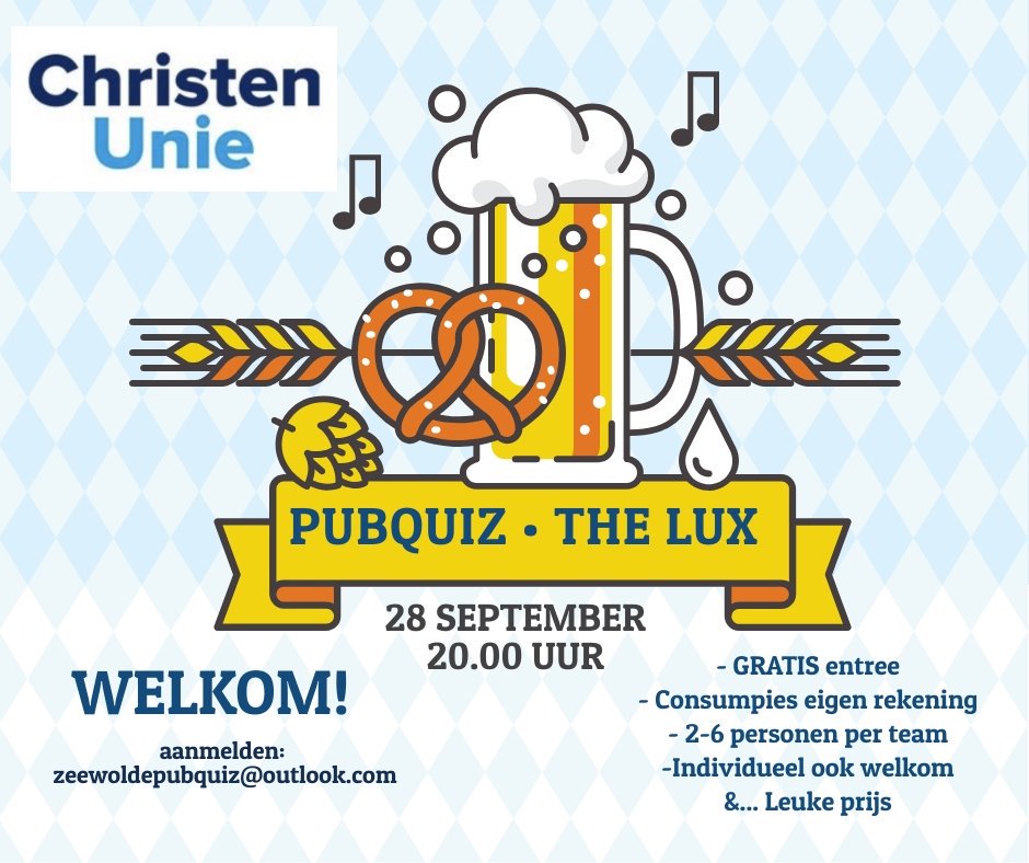 Kom ook op 28 september naar De Lux om mee te doen met de pubquiz! Zie voor meer info onze facebookpagina
facebook.com/christenunie.z…