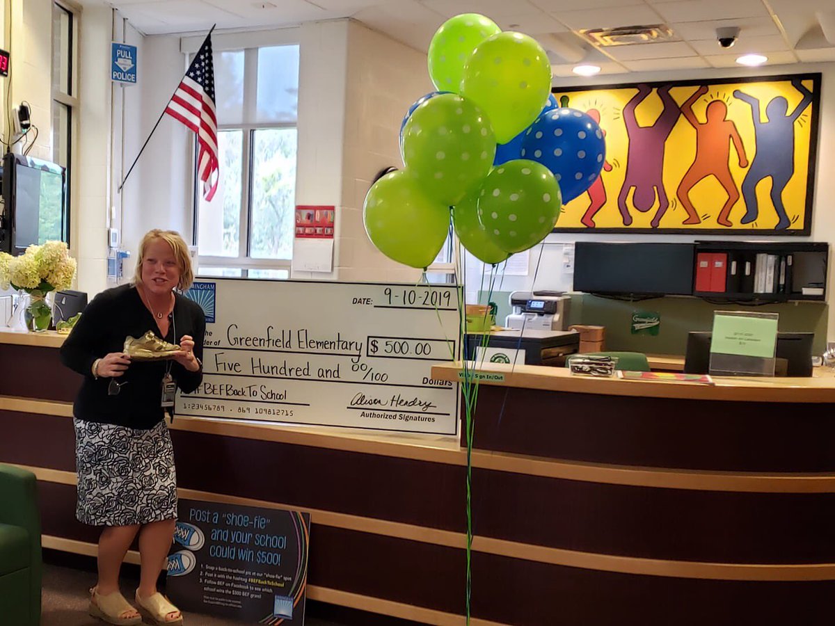 Greenfield says a big "Thank You" to all of our community members that  posted their shoefies to help us win $500! Mrs. Davis is holding the fabulous golden shoe award! Thank you BEF! #BEFbacktoschool #WeloveBEF