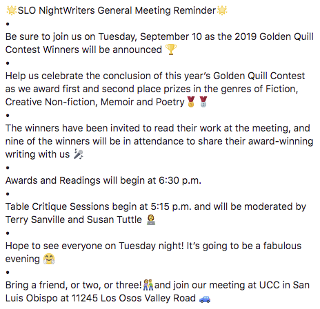 SLONightWriter's tweet image. Make sure to attend tonight's meeting and hear the winners of the Golden Quill writing contest read their material. #keepwriting #SLO #Slonightwriters