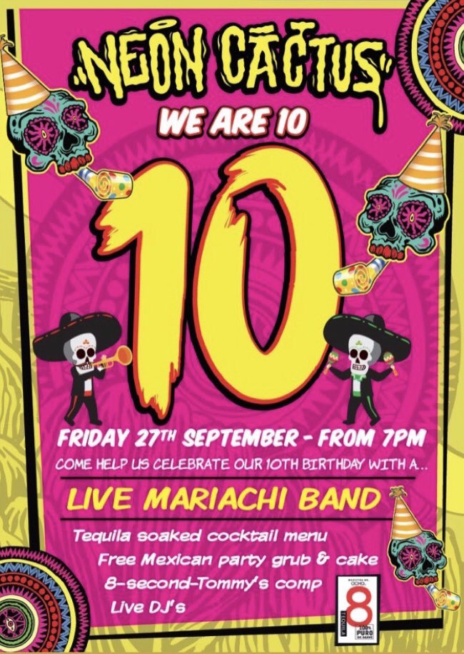 We’re performing at <a href="/neoncactus/">Neon Cactus</a> 10th Anniversary on Friday 27th September 2019! Come down for some live #mariachis