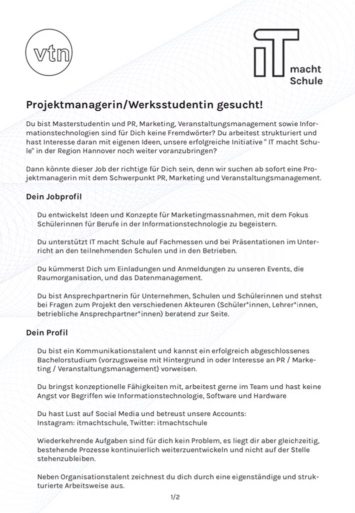 annika_schach's tweet photo. Liebe #Masterstudierende der #Kommunikation (o.ä. Fächer) in #Hannover, ich habe einen spannenden #Werksstudentenjob für Sie. Wichtiges Thema, Gestaltungsspielraum, gute Atmosphäre und die Möglichkeit der ggf. praxisbezogenen #Masterarbeit. Gerne anschauen und teilen. 👇 https://t.co/KvosUCha7c