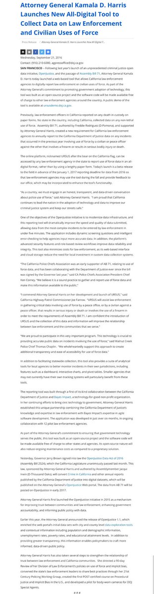 50 Times  #Kamala Accomplished/Advocated for  #CriminalJusticeReform24.AG- Supported AB71 (which became law) requiring all CA law enforcement agencies to collect data on shootings & use of force by a civilian/police against the other that result in serious bodily injury or death.