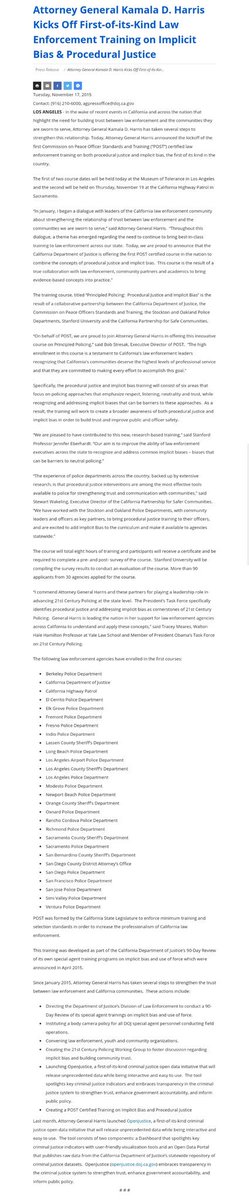 50 Times  #Kamala Accomplished/Advocated for  #CriminalJusticeReform25.AG- Created the first Commission on Peace Officer Standards and Training (“POST”) certified law enforcement training on both procedural justice and implicit bias, the first of its kind in the country.