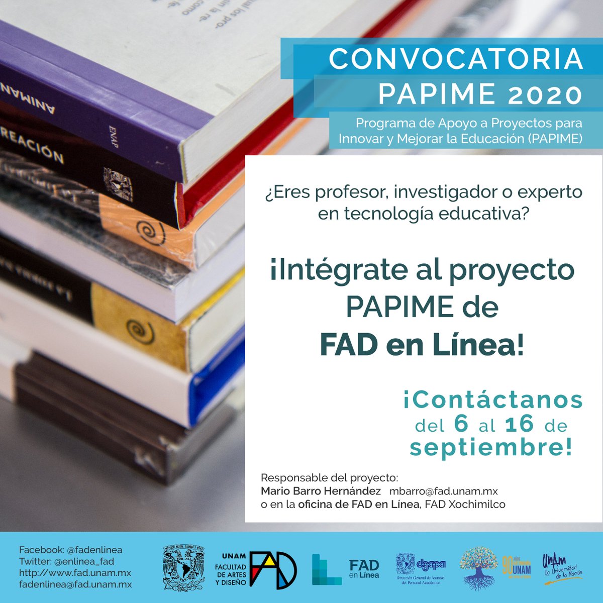 centre_fad's tweet photo. Invitamos a todos los #profesores, #investigadores o #expertos en #tecnologíaeducativa a integrarse al proyecto #PAPIME de FAD en Línea. Tienes hasta el 16 de septiembre. Contáctanos a: mbarro@fad.unam.mx #ComunidadUNAM #convocatoria #elearning #educacionadistancia https://t.co/kfAjpPmvvh