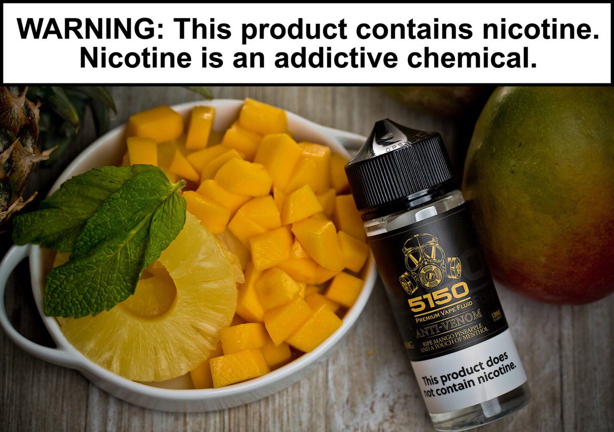 5150eliquid's tweet photo. It time to soak your cotton with some Mango, Pineapple with a touch of cool menthol! Anti-Venom  WARNING: This product contains nicotine. Nicotine is an addictive chemical. https://t.co/uwX0tXBQjI