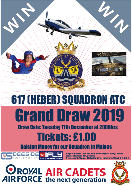 Enter now for your chance of winning a flight in light aircaft, a B737/A320 flight simulator experience or a chance to experience indoor skydiving. Tickets are available from the Squadron HQ or from members of the Squadron. Good luck!!!!! #GrandPrizeDraw2019