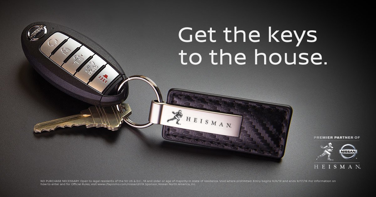 The Heisman is here. Visit Coastal Nissan, Inc. for a chance to win backstage access at the Heisman House and get behind the wheel to experience Nissan Intelligent Mobility. For more info and for Official Rules, visit cfapromo.com/nissan2019.