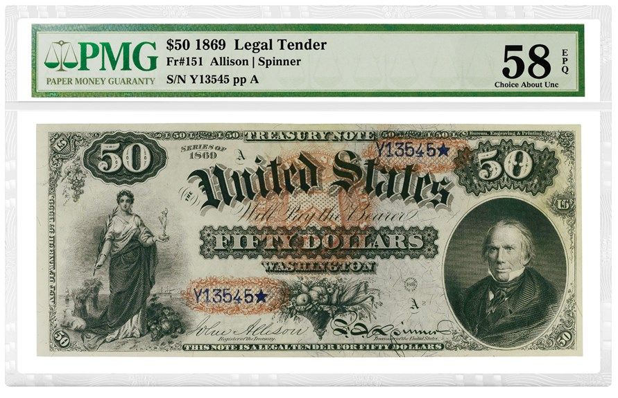 ANACoins's tweet photo. One of the lots auctioned during the #WorldsFairofMoney was an 1869 $50 Legal Tender "Rainbow Note" certified by Paper Money Guaranty that realized $180,000 at the Stack's Bowers Galleries #auction. via Numismatic News https://t.co/SO841azkrI https://t.co/rnVHIfjcL3