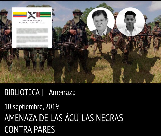 #Colombia Por segunda vez en 2019, León Valencia y Ariel Ávila director y subdirector de la Fundación Paz y Reconciliacion- Pares, son amenazados por las Águilas negras (bloque capital) al igual fueron amenazados otros defensores e integrantes del partido Farc. <a href="/teleSURtv/">teleSUR TV</a>