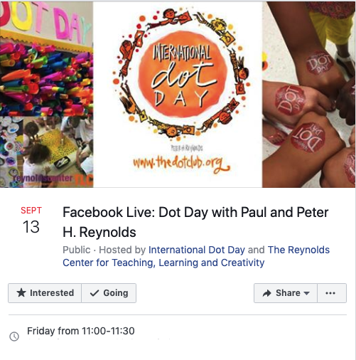 FableLearn's tweet photo. Join #InternationalDotDay Facebook LIVE event w @FableLearn founder @peterhreynolds! Sept 13 11AM EST @FablePaul @DotClubConnect @tjshay @Candlewick @ISTEglobalPLN #creativity #DotDays https://t.co/2dqtuAshVm https://t.co/QxQ90xjZ8L