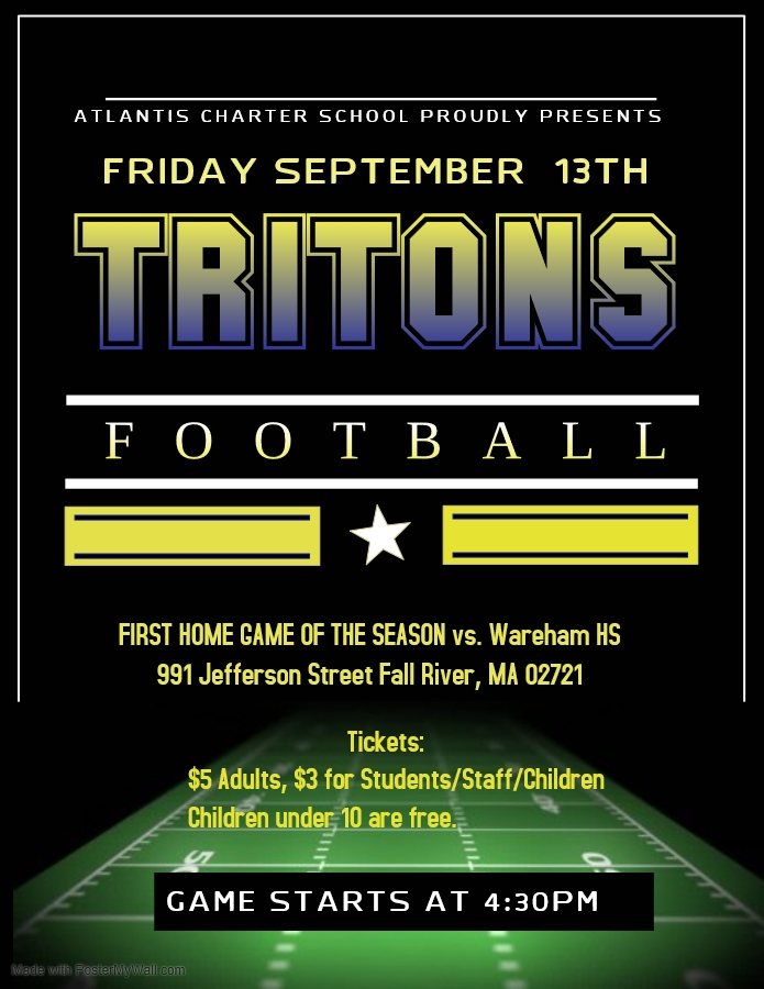 ACS_Tritons's tweet photo. The first home game of the season is this Friday, September 13th, at 4:30pm! Support and root for the ACS Tritons against the Wareham Vikings on our Triton field! Go Tritons! https://t.co/GgkRCBxm7c