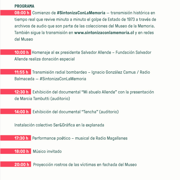MuseoMemoriaCL's tweet photo. #Este11 te esperamos con una programación especial para conmemorar los 46 años del golpe de Estado en Chile.
📅 Mié 11 | 08.00 — 18.00 h.
📍 Matucana 501, Stgo.
🚇 M. Quinta Normal
🎟 Entrada gratuita
#MuseodelaMemoria #A46AñosDelGolpe #SintonizaConLaMemoria #Memoria #NuncaMás https://t.co/0eFkOGFubB
