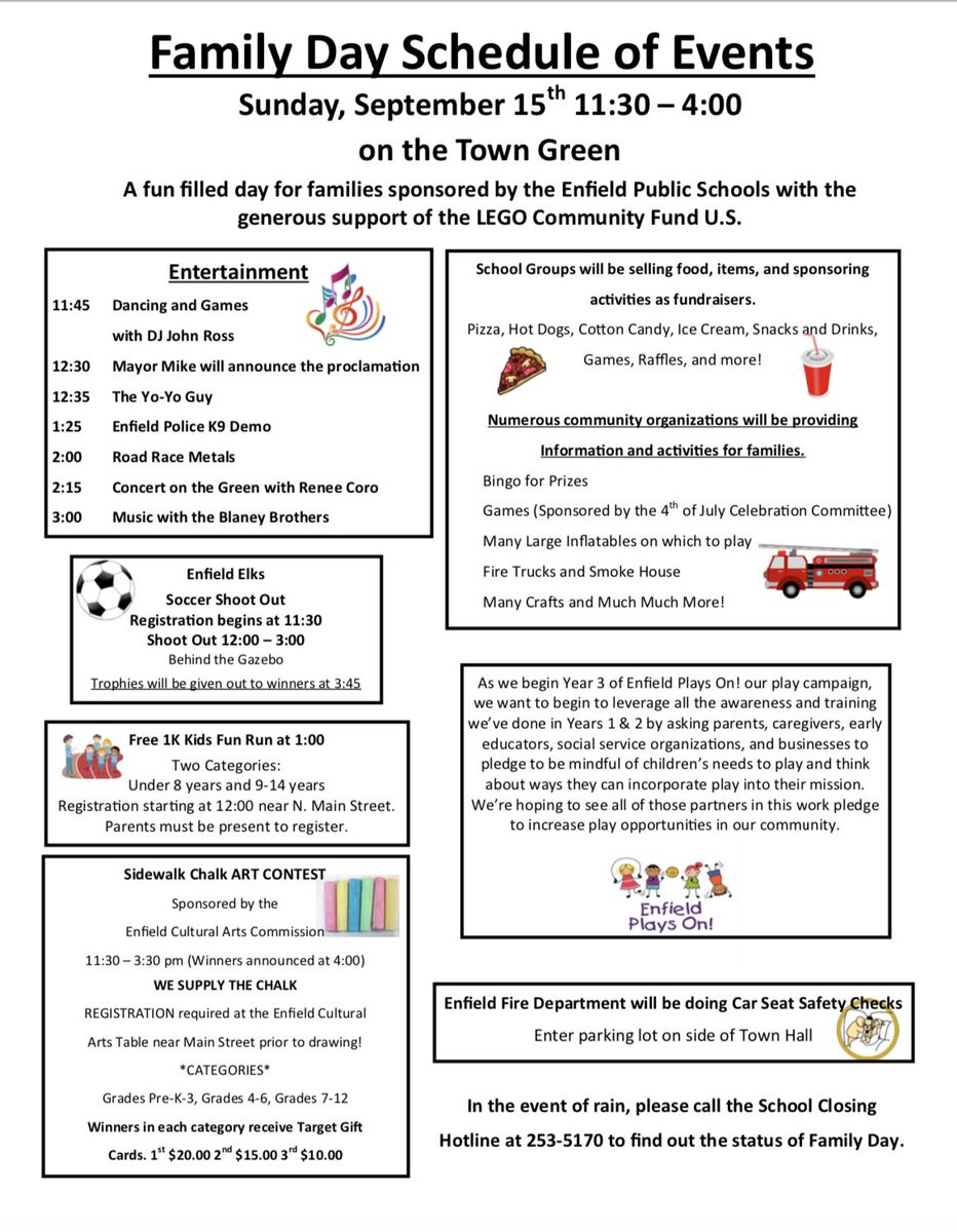 EnfieldPS's tweet photo. Family Day Schedule of Events Sunday, September 15th 11:30 – 4:00
on the Town Green
A fun filled day for families sponsored by the Enfield Public Schools with the generous support of the LEGO Community Fund U.S. https://t.co/bNf28J14MI