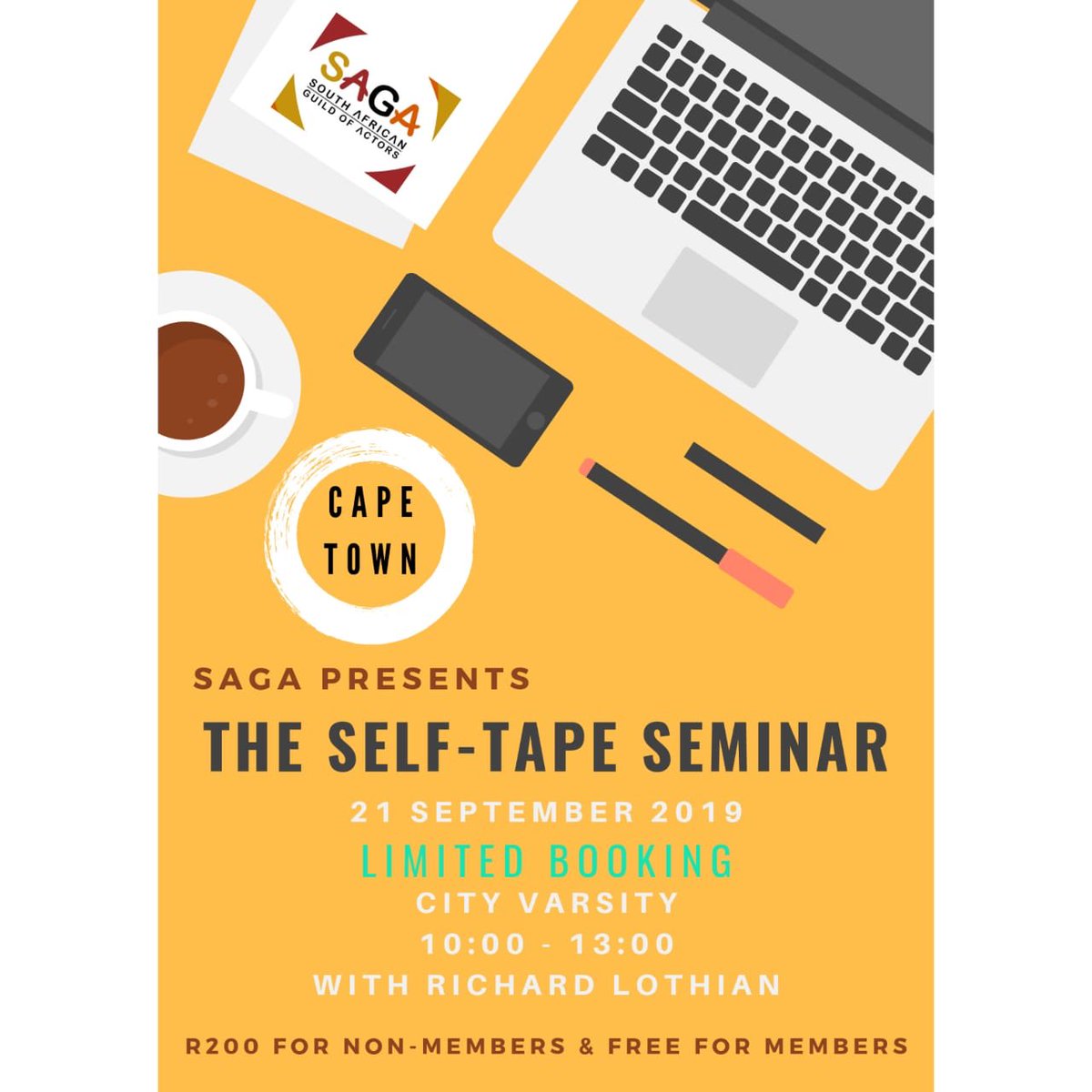 SAGActors's tweet photo. Wanna learn how to submit a professional self-tape audition??? Join us on the 21st September wit Ben Tjibe (JHB) & Richard Lothian (CT) Free for SAGA Members and R200 for non members.
Book your spot now at admin@saguildofactors.co.za #selftape #whatsyoursaga #iamactor #saga https://t.co/rI35Hmj31t