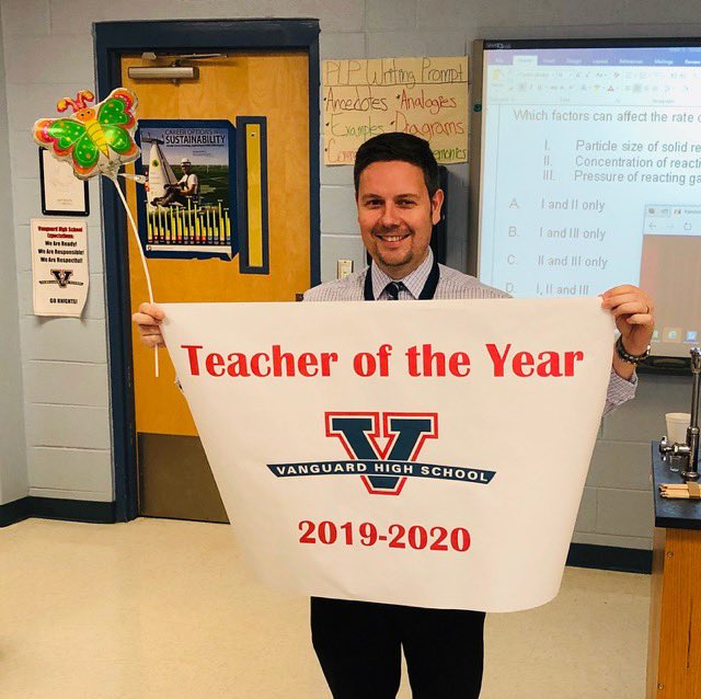 vanguard_high's tweet photo. Congratulations to Euan Hunter, Vanguard High School’s 2019-2020 Teacher of the Year!!!  An amazing teacher who is always looking for new ways to engage his students and provide them with real-world learning experiences!!!  @pefmc @KinardsConnect1 @wkmcateer4 @Grantham_Greats https://t.co/aTE3rZ4XlR