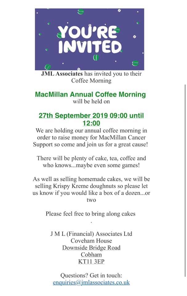 JML_Financial's tweet image. Come and join us for @macmillancancer coffee morning. Friday 27th September 9-12 @krispykremeUK are supporting this event once again. All welcome 👍🏻 #macmillancoffeemorning2019 #KrispyKreme