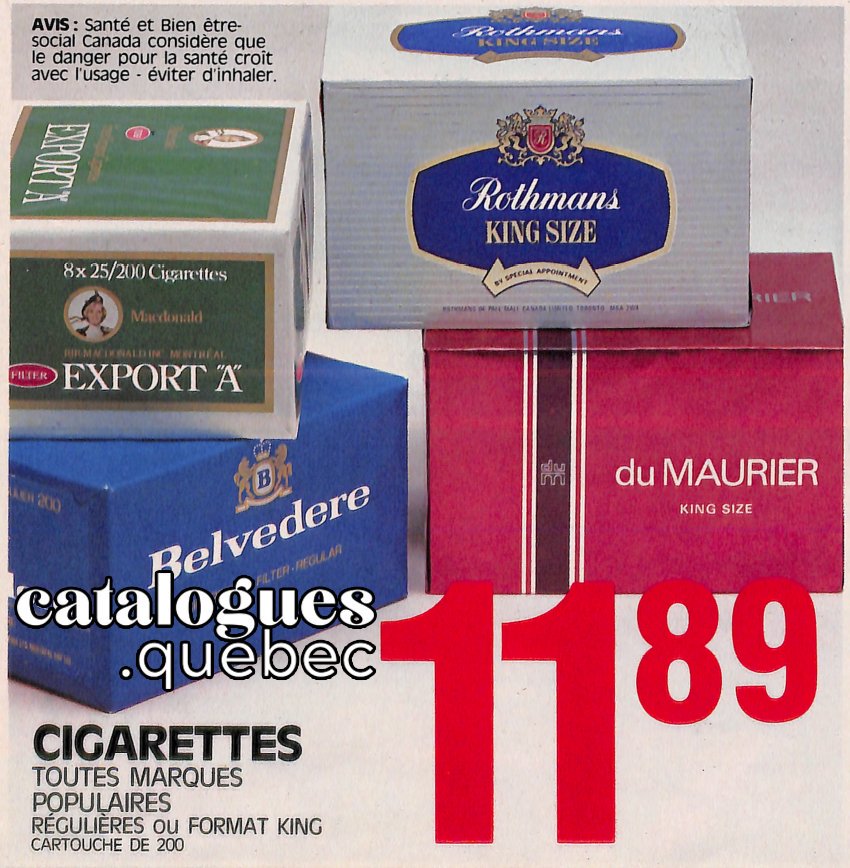 Le prix d'un carton de cigarettes chez Steinberg en septembre 1983.