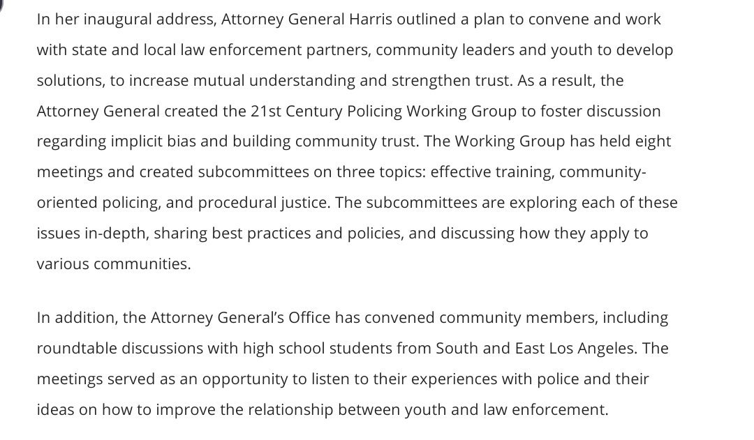 50 Times  #Kamala Accomplished/Advocated for  #CriminalJusticeReform27.AG- Convened community members, incl. roundtables w/HS students from South/East LA. The topics were experiences with police and ideas on how to improve the relationship between youth & law enforcement.