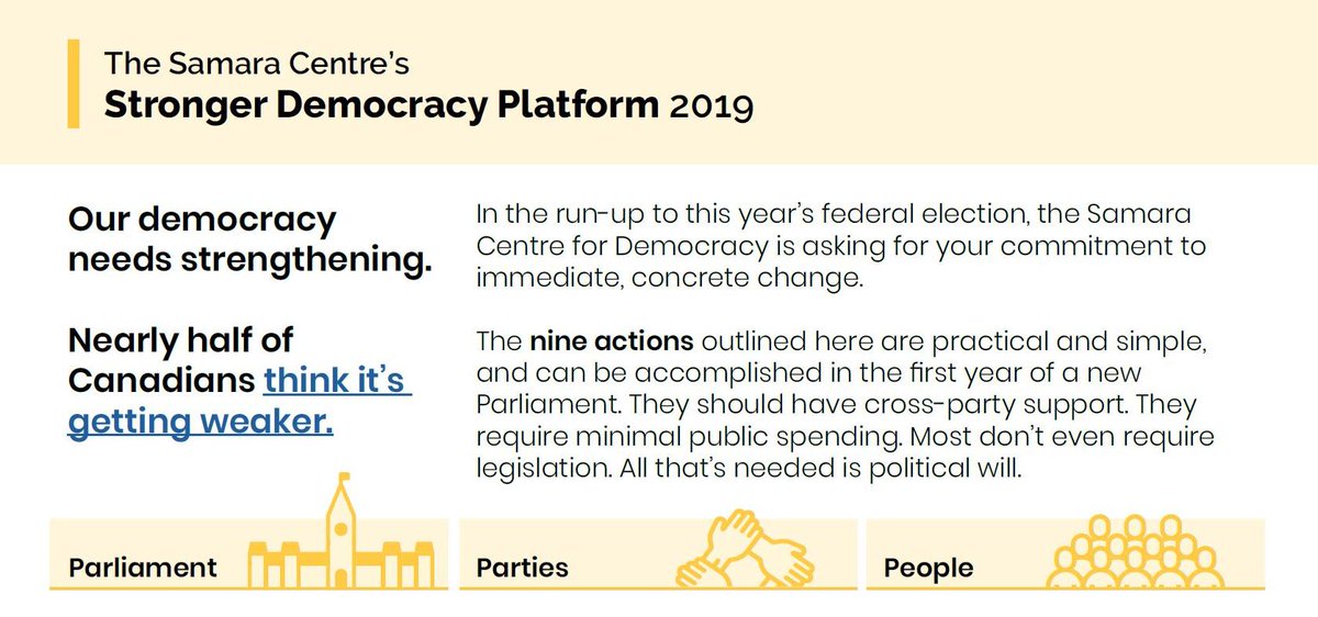 TheSamaraCentre's tweet photo. #DidYouKnow? #Elxn43 starts tomorrow! With that, we're pleased to present our #StrongerDemocracyPlatform, 9 actions that parties can take to support &amp; strengthen #democracy in a new #Parliament. Just in time for #DemocracyWeek! Read it here: https://t.co/dZnL4IGyBV #cdnpoli https://t.co/dzzSobGyHK