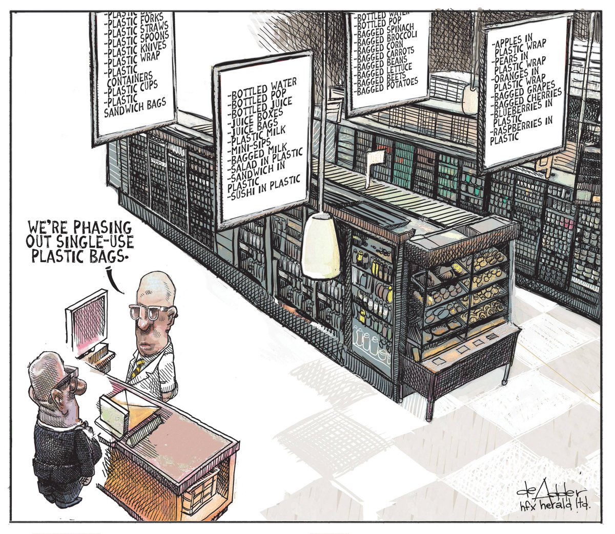 Creatingbags's tweet image. Somos muy de viñetas que invitan a reflexionar sobre nuestro consumo de plásticos. Hoy elegimos esta de Michael de Adder para el The Chronicle Herald. #freeplastic #nomásplástico