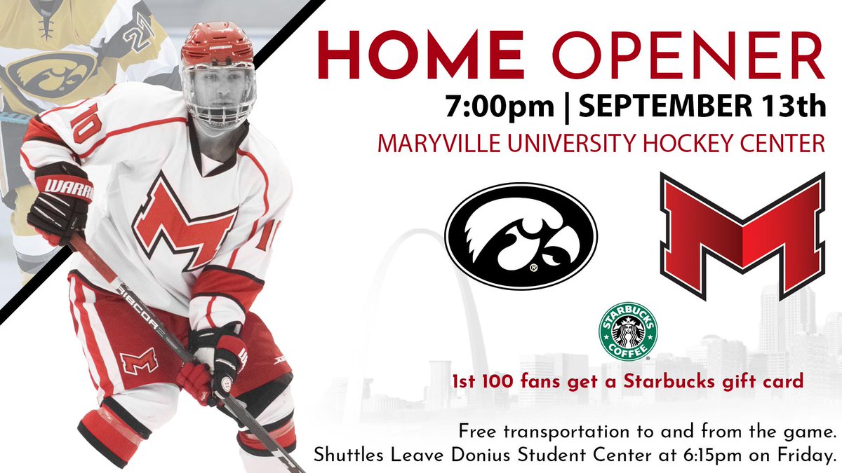 We cant wait to see Saints Nation for our home opener at the brand new Maryville University Hockey Center on Friday night! The first 100 fans get a free <a href="/Starbucks/">Starbucks</a> gift card. Pack the Dawg House on Friday night! #HistoryStartsNow #Dawgs