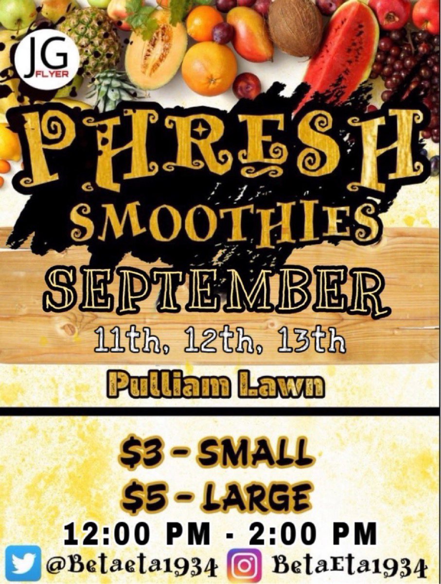 BetaEta1934's tweet photo. 😎🚨This Starts Tomorrow‼️ Don’t miss out on our Phresh Smoothie Sale💥 Made Fresh‼️On Demand‼️ With All Real Fruit‼️ 🙌🏾🍌🍍🍓🥭🥝🤤 #StayPhresh #SIUC #SpreadTheWord https://t.co/LhFiSL40u1