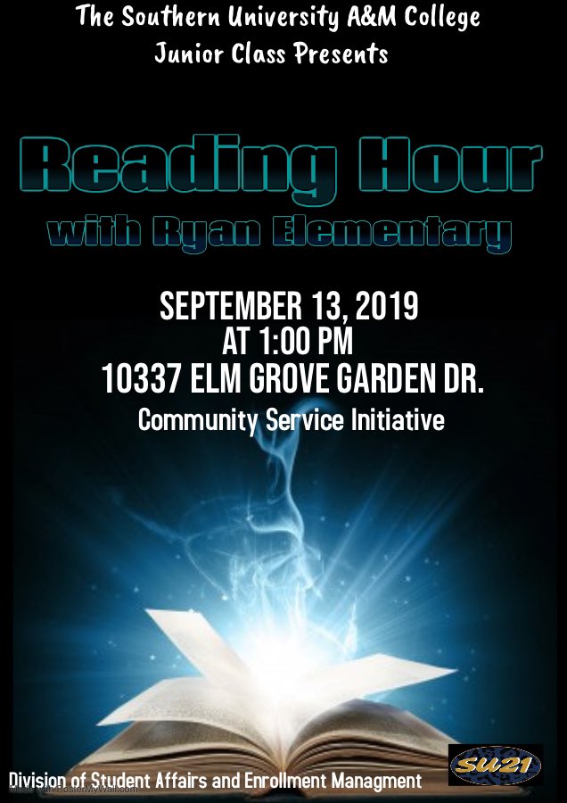 sunaacp's tweet photo. Grab your favorite books 📚 and join the Junior Class for Reading Hour with Ryan Elementary ⏰ on Friday, September 13, 2019 at 1 PM! All classifications welcomed! Community service hours will be given! #ImpactSU #ClassImpAct #SU20 #SU21 #SU22 #SU23 🐆💛💙 https://t.co/YtZ1ikTF4H