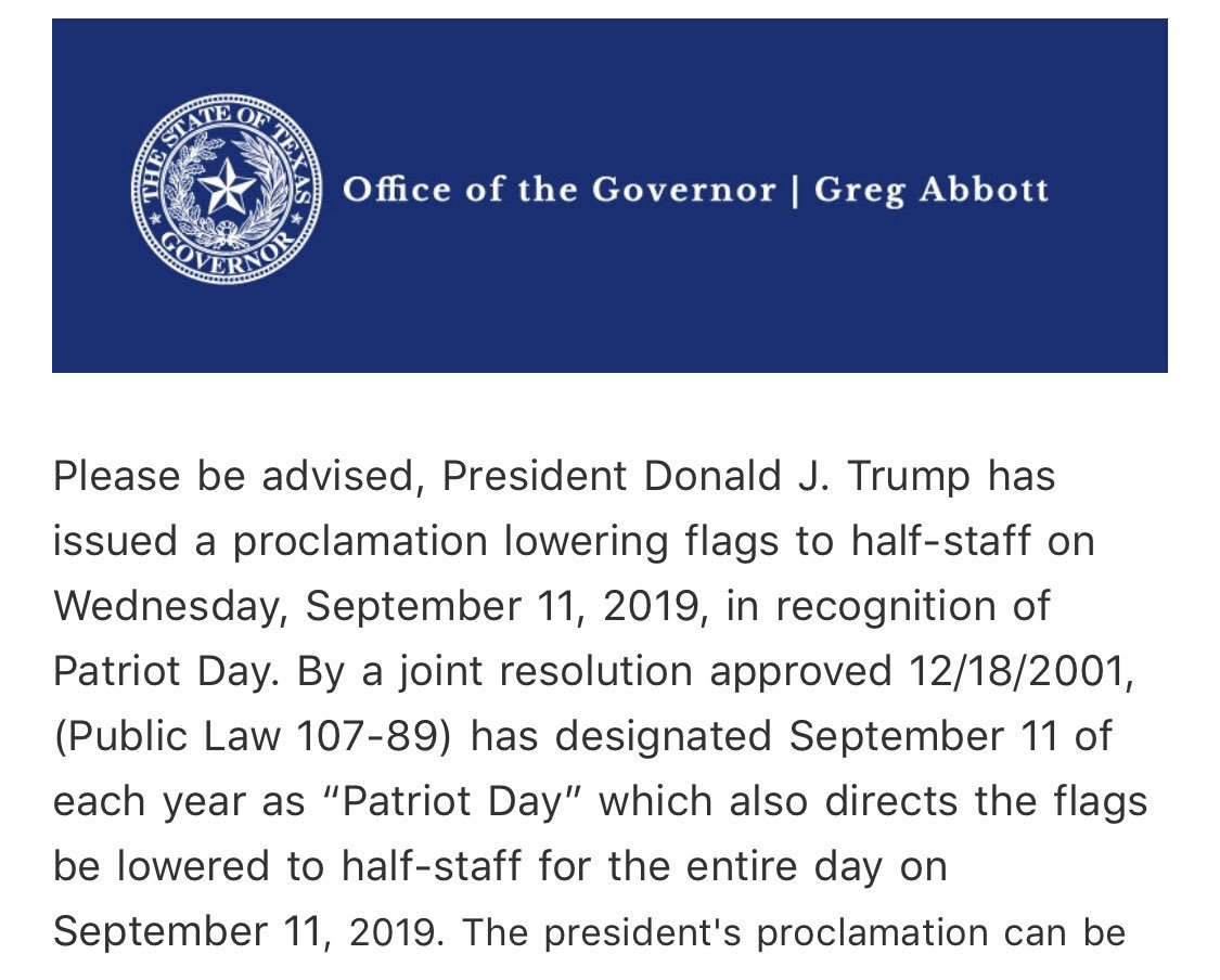 TexasFlagStatus's tweet image. HALF STAFF Wednesday, September 11, for Patriot Day #NeverForget911