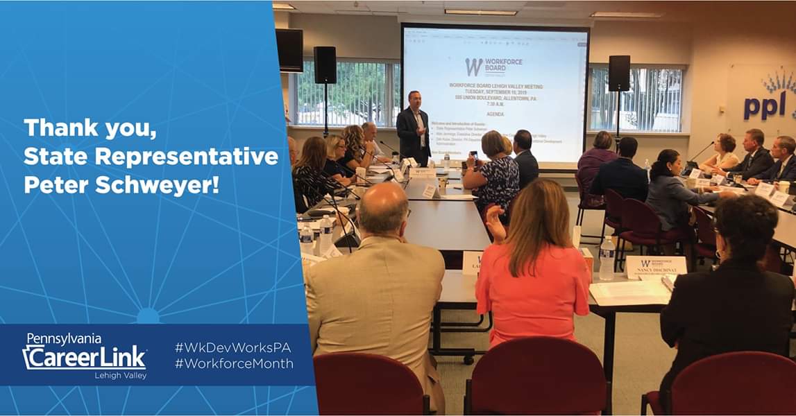 Today was the Workforce Board Lehigh Valley’s quarterly meeting where State Representative Peter Schweyer updated the Board on exciting workforce initiatives at the state level. #WkDevWorksPA #WorkforceMonth
