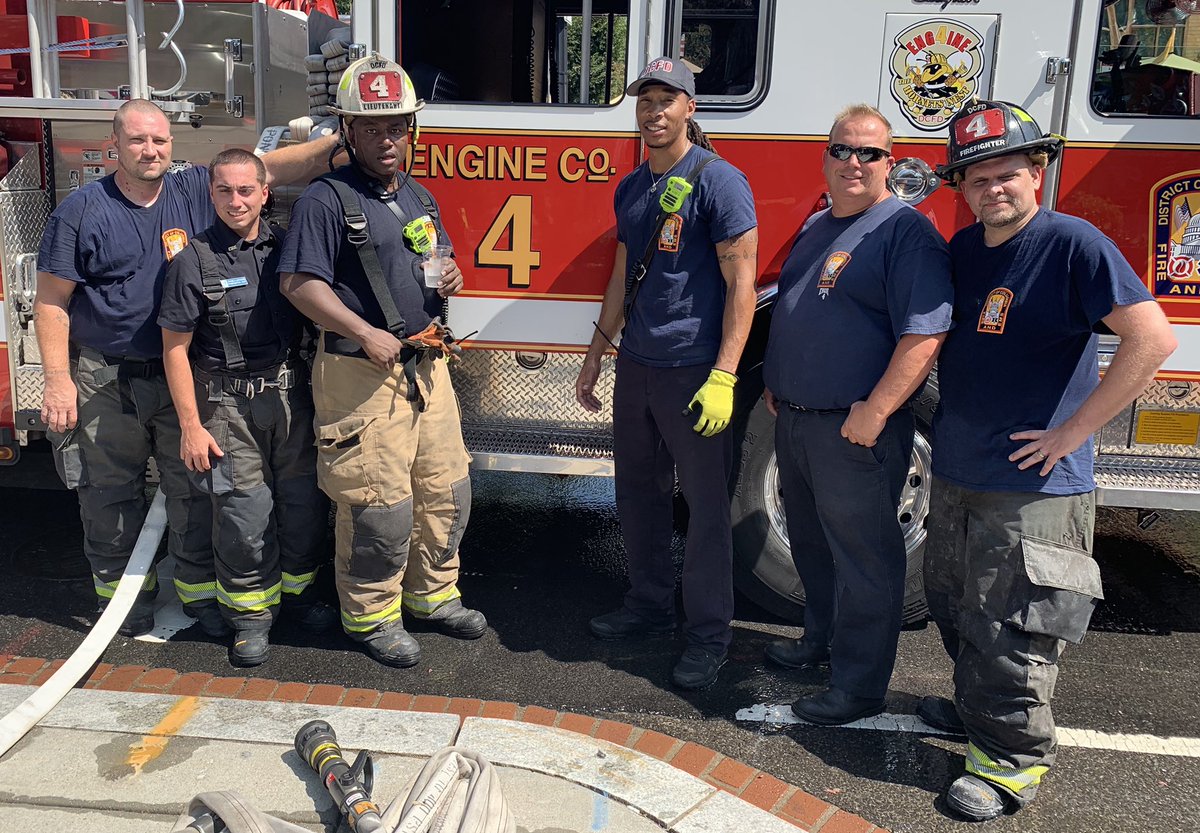 dcfireems's tweet photo. Congratulations to #DCsBravest Lt. Calvin Hickerson (3rd from left), shown here with his crew from Engine 4, “The Hornets Nest”, after battling a blaze on T St. NW. This is his last shift after 31 years of devoted service to the District of Columbia. https://t.co/AEkTZ4rc6T