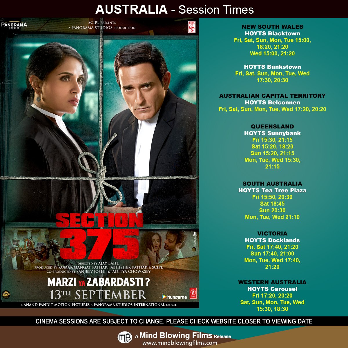 Mind Blowing Films On Twitter Book Tickets Now To Watch The Ultimate Courtroom Movie Section375 Starring Richachadha And Akshayekhanna On 13th September Sessiontimes Australia Book On Hoyts Australia Https T Co 1p6m9i5gij Who Will Win