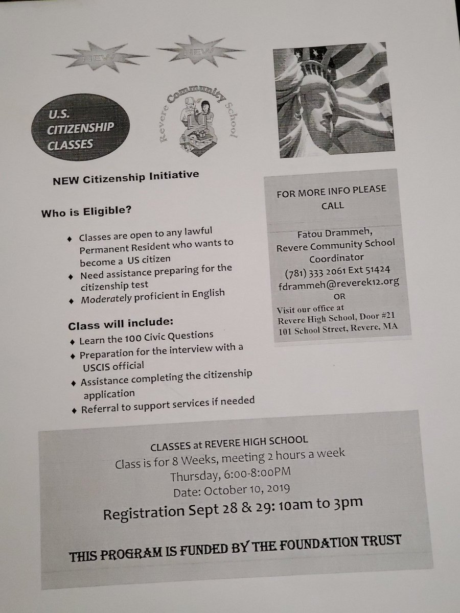 RevereCommSch's tweet photo. Do you need help getting ready for your citizenship test? Sign up for our FREE classes starting October 10th https://t.co/k7S9AwMlKo