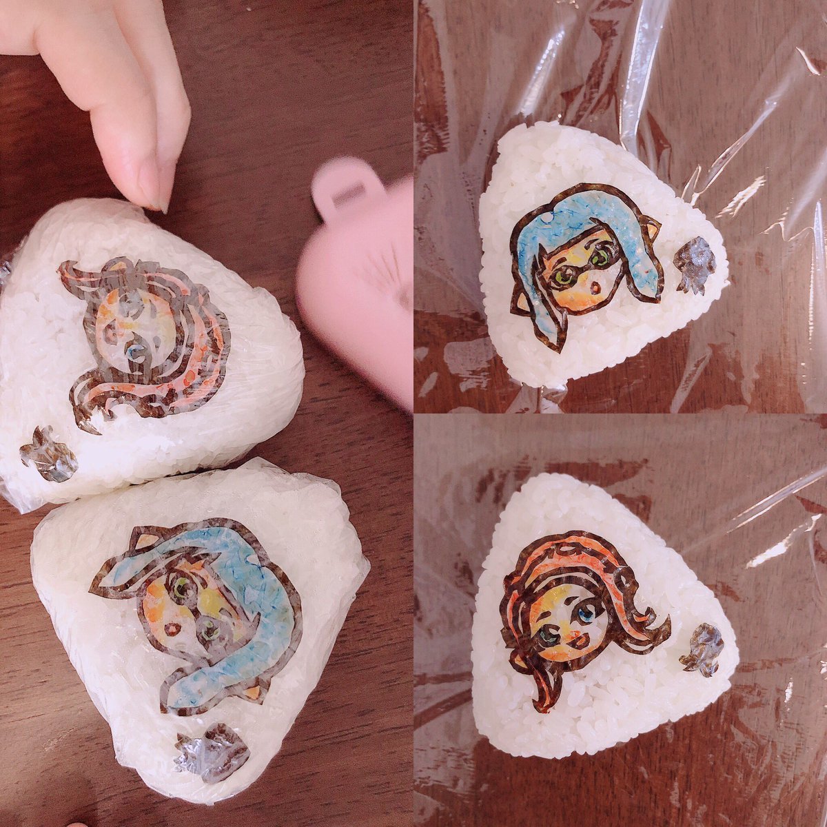 魔法少女わかちゃとは 私の事よ 今日はむすの幼稚園 おにぎりの日 海苔とオブラートで作ったイカちゃんタコちゃん 中にはそれぞれちがう具が入ってます キャラ弁 デコ弁 おにぎり 年少お弁当 オブアート 海苔アート スプラトゥーン2