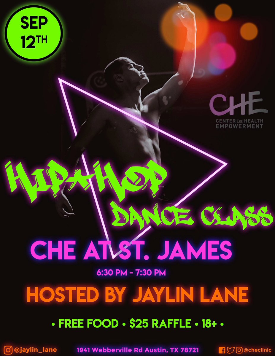 checlinic's tweet photo. Come check out our Hip-Hop Dance Class with Jaylin Lane this Thursday from 6:30 - 7:30 pm at St. James. We’ll be having complimentary free food and a $25 raffle to Forbidden Fruit. This even is 18 and up. Hope to y’all out there! #ATX #AustinTX #checlinic #KeepAustinTested https://t.co/GQpvt5WDJm
