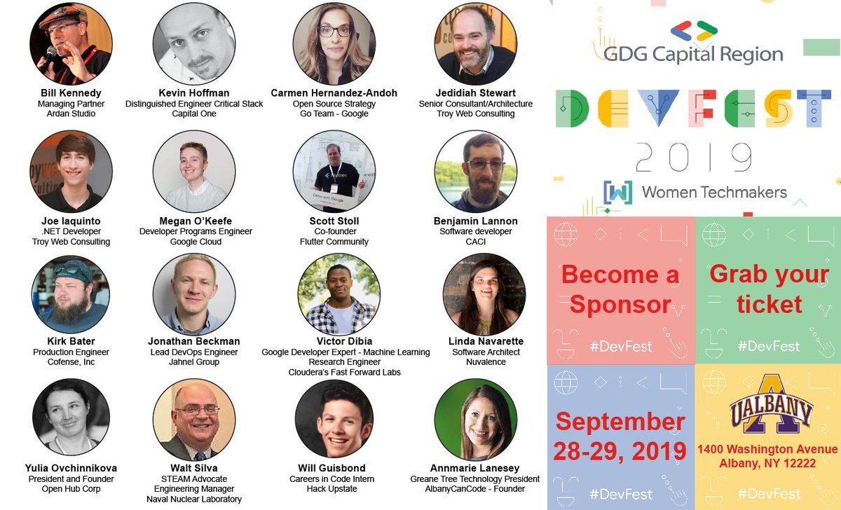 The Capital Region GDG DevFest for 2019 is scheduled for September 28th (talks and demos), and 29th (workshops). Please check out our event and consider joining us! Tickets are available. Check out our speakers and program.

devfest.gdgcapitalregion.com