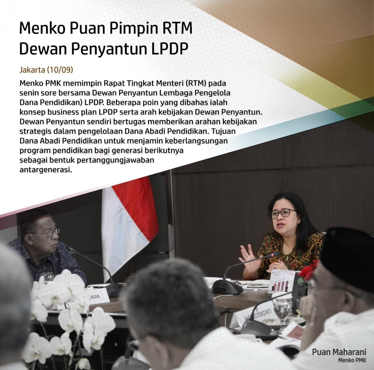 Menko pmk puan maharani pimpin rapat tingkat mentri, adapun poin yang dibahas ialah konsep business plan LPDP serta arah kebijakan dewan penyantunan.

#pdiperjuangan
