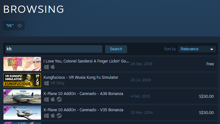 briankwek's tweet photo. Damn, @thatjustinng, this is some galaxy brain marketing here. Gunning for the off-chance that a bunch of bozos would dash over to Steam and search for "KFC", with @kungfuciousVR popping up as the #2 result on the list. 🤯 https://t.co/DSqLRTA0g9