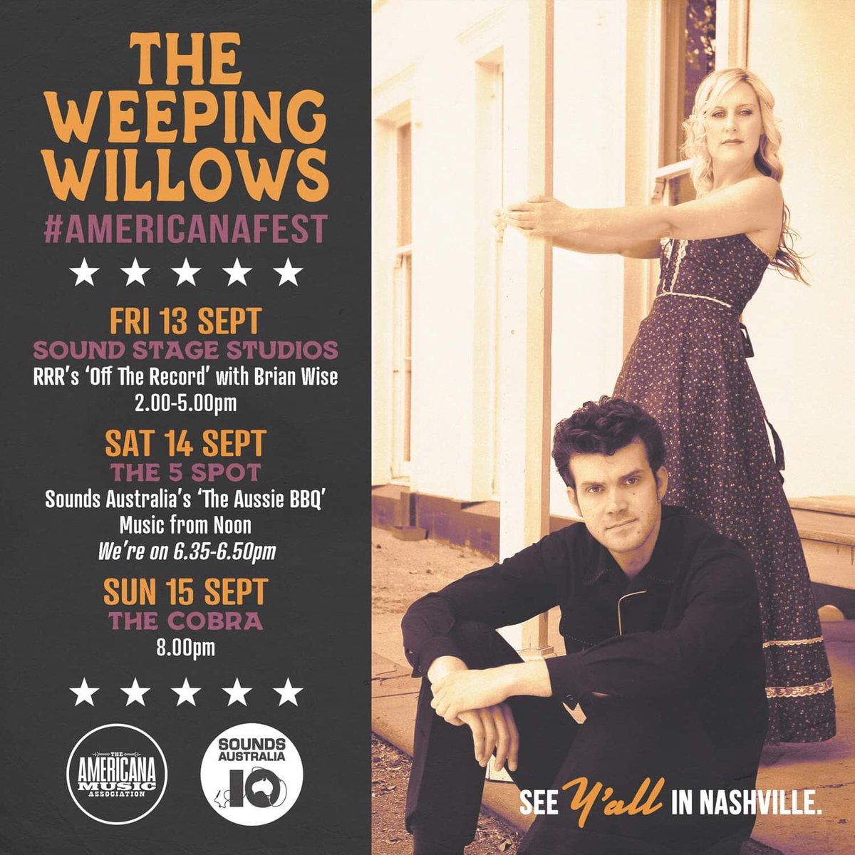 weepinwillows's tweet photo. The @WeepinWillows at @AmericanaFest! 🎸🎶🎉
Fri 9/13: @SoundStageTN for @3RRRFM’s #OffTheRecord
Sat 9/14: @Five_Spot for @SoundsAustralia’s #TheAussieBBQ
Sun 9/15: @CobraNashville 🙌✨
See y’all soon, #Nashville! 😄🇺🇸#DevilsRoad #DevilsRoadTour #TheWeepingWillows #AmericanaFest https://t.co/MqJFr6pWaO