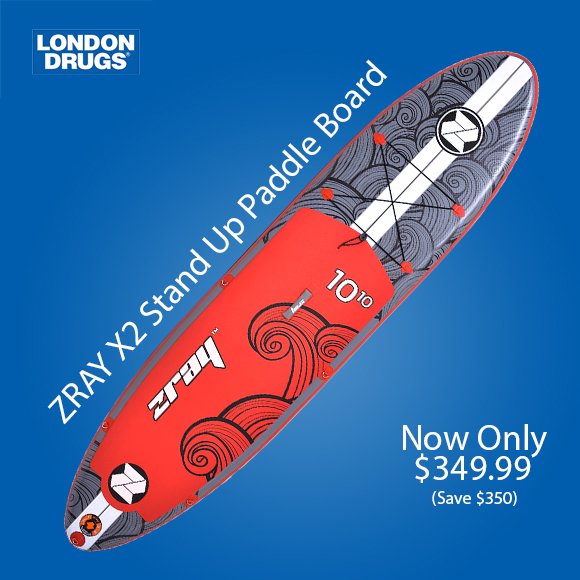 LondonDrugs's tweet photo. Looking to squeeze out the last drops of summer on a #standuppaddleboard? 50% off #ZRAY X2 Inflatable Stand Up Paddle Boards for a limited time! (complete w/ paddle, pump, ankle leash & bag). Share with friends you want to #SUP with on the water! https://t.co/hMZx6HB7L0 https://t.co/AmEiWcrVPH