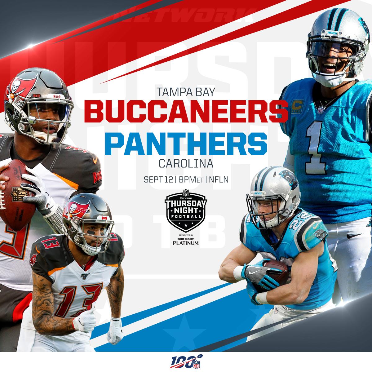 NFL's tweet photo. Winston. Newton. @Buccaneers vs. @Panthers.

#TNF returns with an NFC South showdown!

📺: #TBvsCAR — THURSDAY at 8 pm ET on @nflnetwork
📱: NFL app // Yahoo Sports app https://t.co/um8va11dc8