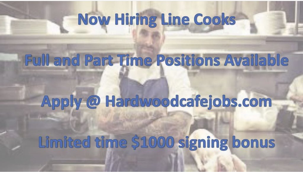 HardwoodCafe's tweet photo. Now hiring! Both front and back of the house workers!👍🏼 check us our 
@Hardwoodcafejobs.com https://t.co/X44zWC2MVt