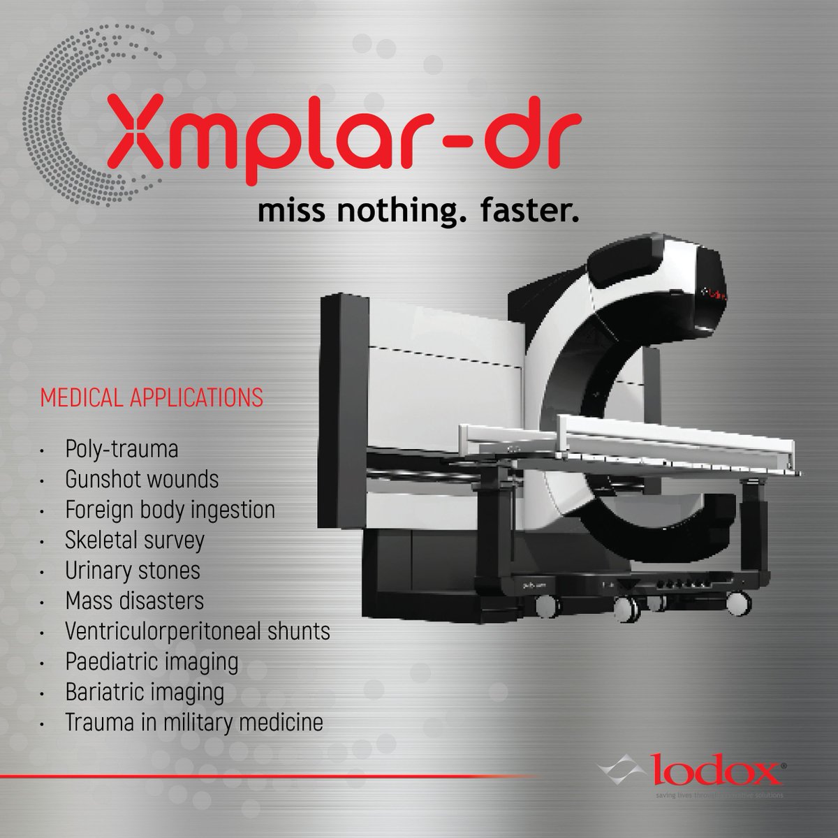 LodoxSystems's tweet photo. The Xmplar-dr is an invaluable resource in any #trauma or #emergency department. Learn more about our full body, high speed, low dose imaging solution by visiting our booth at #ASER2019 | @AdamHLodox @ASER_ERad https://t.co/E6kOxPW6cb