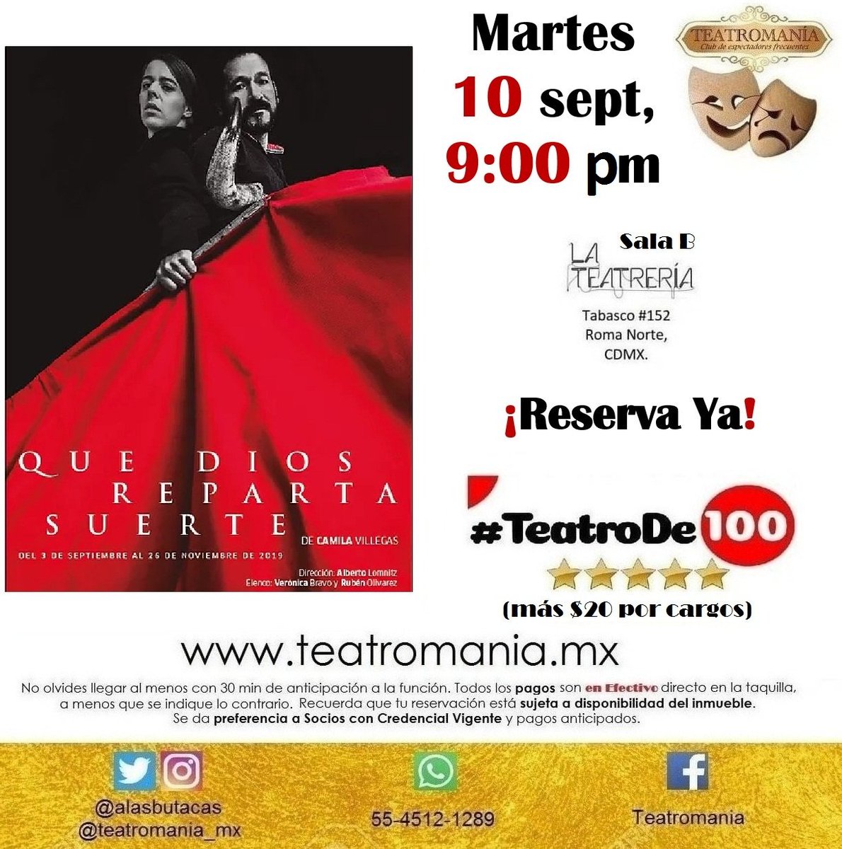 alasbutacas's tweet photo. Martes 10 de septiembre 
#ComparteTeatroAl2x1 o
#TeatroDe100 +$20 en la obra 
Que Dios Reparta Suerte
Lo más reciente de Verónica Bravo
Sala B de La Teatrería 9 pm 
¡Reserva ya! https://t.co/o8cEMAprAt