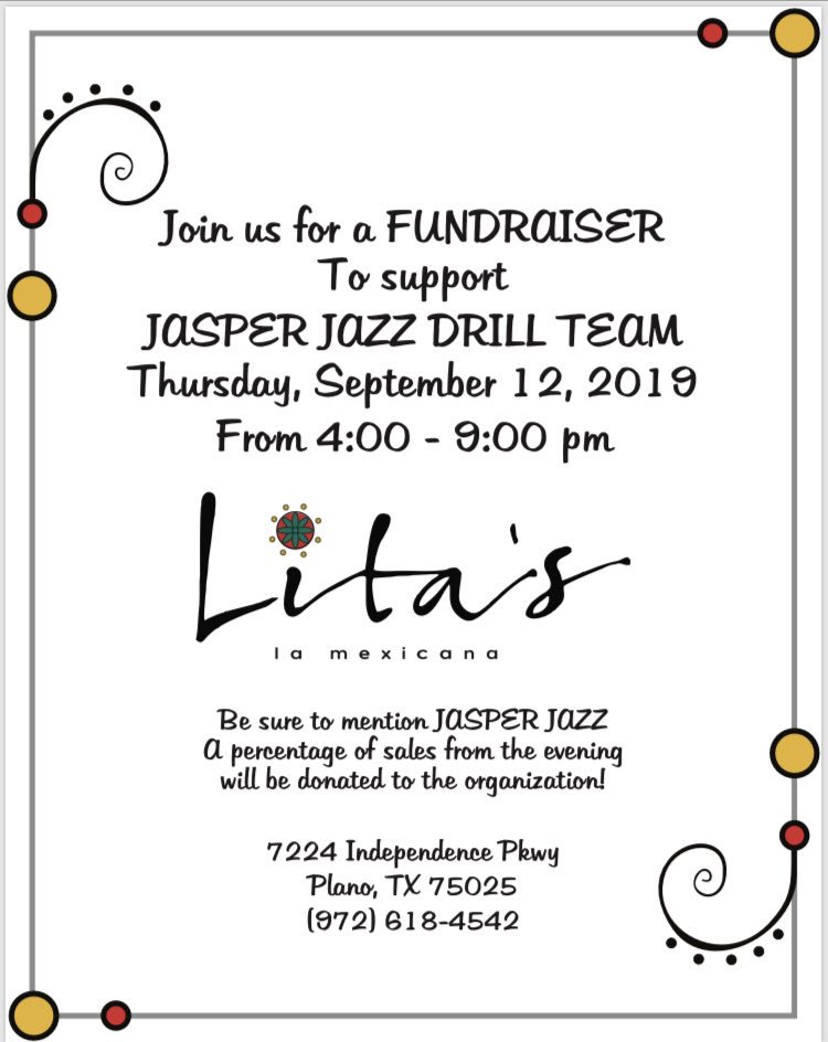 jasperjazzdance's tweet photo. Join us at @LitasLaMexicana on Thursday Sept. 12th for Jazz Spirit Night before the JHS game!! Be sure to mention Jazz at checkout! https://t.co/TWV3LgEHNP