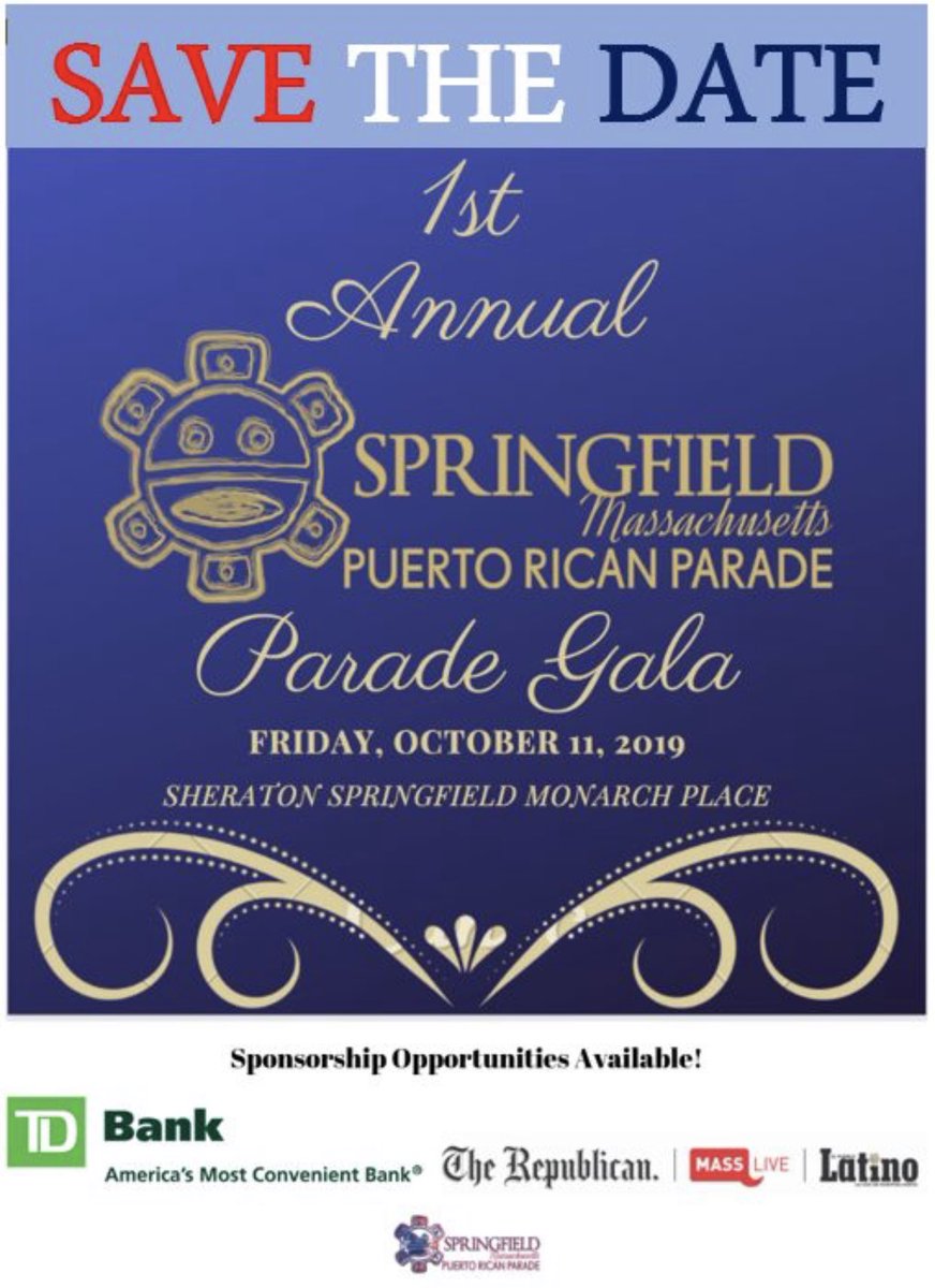 The Springfield Puerto Rican Parade is hosting it's first annual Gala on Friday, October 11th. Please share! More information coming next week. Don't forget! The Springfield Puerto Rican Parade is this Sunday the 15th. Kick-off at 11:00AM sharp, Main St. See you there! 🇵🇷