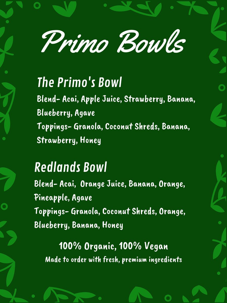 primobowls's tweet photo. 9.12.2019 We officially begin business this Thursday at Market Night in Downtown Redlands. We serve hand crafted, organic, vegan açaí bowls that are both healthy and delicious. Eat better, live better, feel better :) https://t.co/FxHWXqzzur
