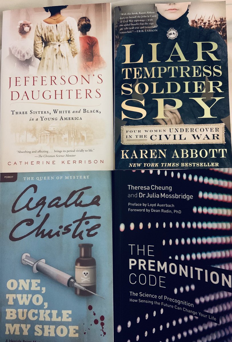 kathybrunelle's tweet photo. Fall Reading 🙂🙂🙂#amreading #Jeffersonsdaughters #liartemptresssoldierspy #agathachristie #thePremonitionCode #EnglishTeacher @capecod_writer_ #writingcommunity @KarenAbbott @CKerrisonPhD @Theresa_Cheung_ https://t.co/cg8ig4V9zK