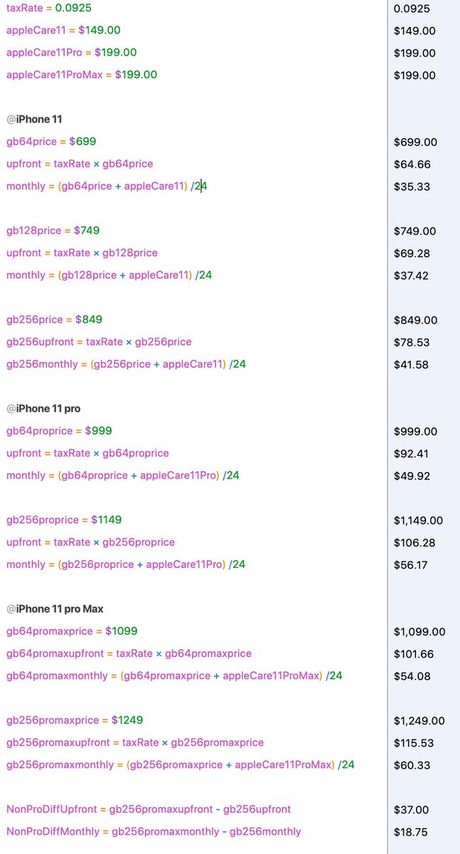 For those wondering about the cost break down of the new iPhones if you use Apple Upgrade Program. Tax is due up front, then these are the monthly payments and it includes Apple Care